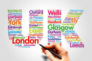 United Kingdom (UK), cities names word cloud travel concept