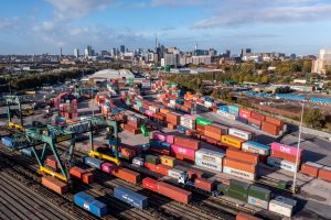 Freightliner Rail Terminal at Landor Street in Birmingham with shipping containers loading onto freight trains