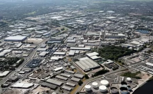 Large warehousing estate in Manchester showing transport links and fulfilment centres