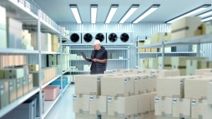 Warehouse worker in Stafford within temperature controlled storage and shelving.