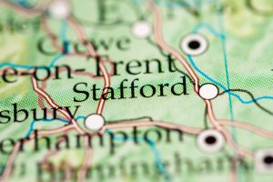 Map of Stafford, Staffordshire showing logistics and fulfilment routes for distribution and neaby towns like Crewe and Birmingham.