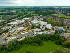 Aerial shot of Henwood Industrial Estate showing vast amount of warehousing in Ashford. 