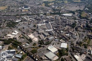 Aerial view of Burnley with warehousing & 3PLs for logistics & fulfilment in the background.