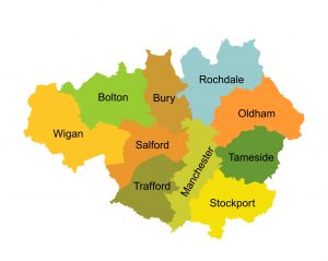 Image of Map containing locations and areas such as Bolton, Wigan and Manchester in Greater Manchester