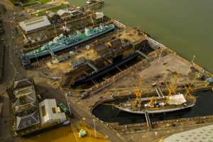 Aerial Shot of dockyard in Chatham being used for warehousing & fulfilment services.