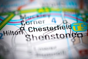 Map of Chesterfield showing fulfilment routes and nearby towns. 