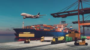 Multimodal transport routes such as HGV, plane and shipping boat. 