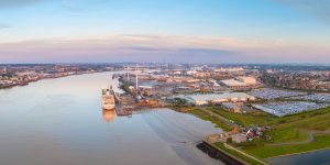 Port of Tilbury with container shipping and warehousing for pallets. 