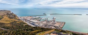 Aerial shot of the Port of Dover a key player in cross channel haulage.