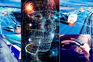 AI image with trucks and locations all shown being connected representing the future. 