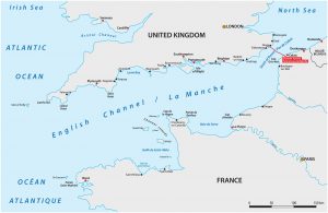 Map of the Channel shwcasing the Channel Tunnel and other key locations and ports across South England and North France. 