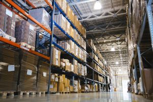 Racked pallet storage in warehousing in Rosslare, Republic of Ireland. 
