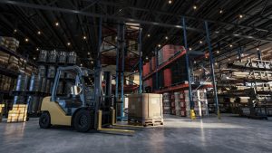 Interior of warehousing with pallets, forklift and warehouse workers doing fulfilment operations. 