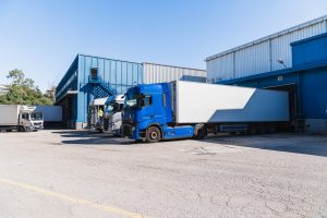 HGVs parked at warehousing in Ipswich for distribution and container freight.