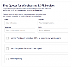 Image of Get Free Quotes form to be completed for warehousing and 3PL quotes.