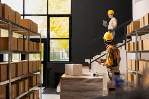 Warehouse worker logging cargo into storage with goods ordered for fast fulfilment.