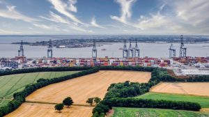 View of the port of felixstowe with containers and bulk cargo.