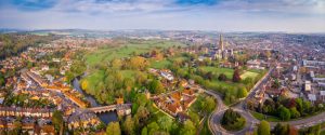 Aerial shot of Salisbury with warehousing and pallet storage available and road for fulfilment.