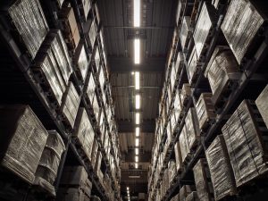 Racked pallet storage inside Deeside warehousing.