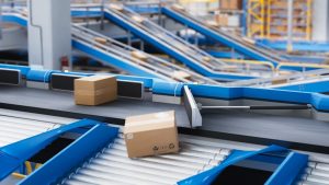 Parcels on conveyor belt being sorted automatically to be shipped and roder fulfilled by the 3PL.