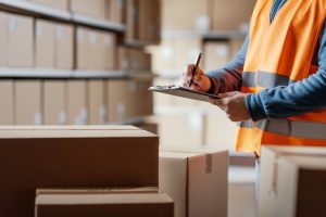 3PL worker ticking off orders in parcels ready to be shipped.