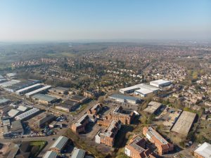 Aerial shot on a wide scale of warehousing and 3PLs in Wokingham. 