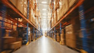 Warehouse aisle of pallet storage in Beeston, Nottinghamshire.