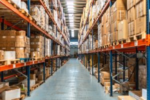 Warehousing aisle in Crosby close to the Port of Liverpool with pallet storage.