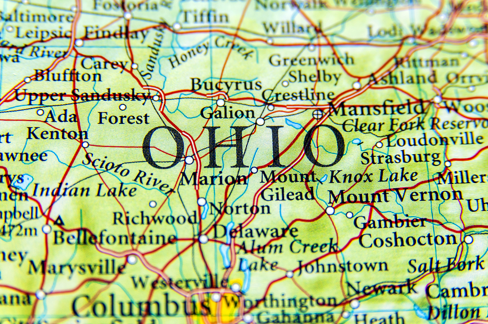 Geographic map of Ohio showing routes and cities for fulfillment and warehousing. 
