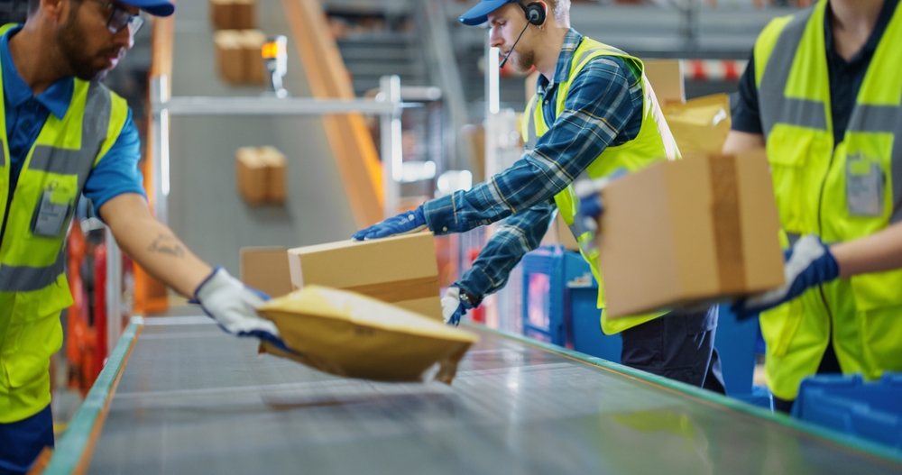 Conveyor belt with parcels being sorted and labelled for fulfilment by warehouse workers in Tipton.