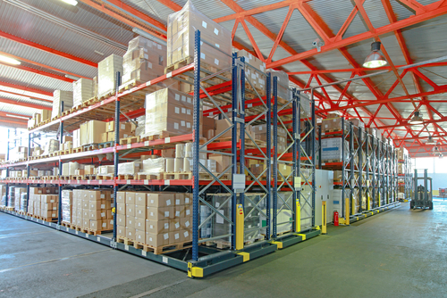 Automated pallet storage system inside England warehousing.