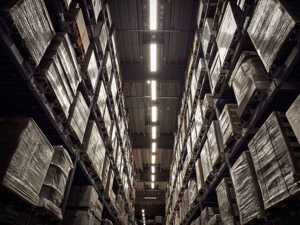 Racked pallet storage aisle in Tipton warehousing.